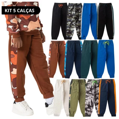 Kit 5 Calças Menino Sortido em Moletom Felpado