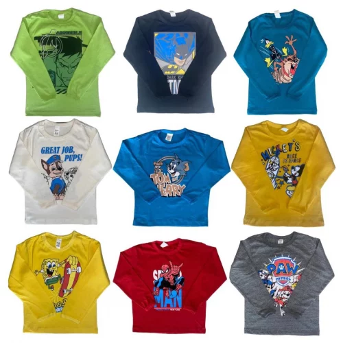 Kit 5 Camisetas Infantil Masculina Manga Comprida Com Estampa Desenhos Menino Frio Inverno Meia Estação 2 à 8 Anos
