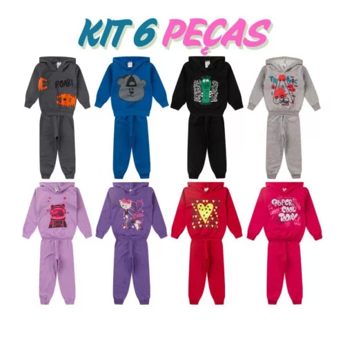 Kit 6 Peças Conjunto Moletom Infantil Menino Masculino Inverno Com Capuz Outono