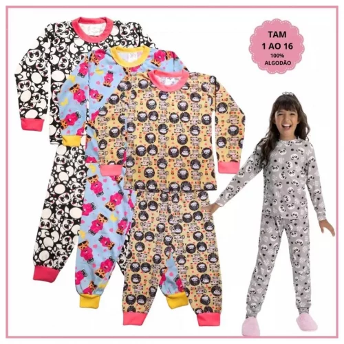Kit 6 Peças Pijama Infantil Inverno Feminino 3 Camiseta Manga Longa 3 Calça Algodão Punho 1 ao 16