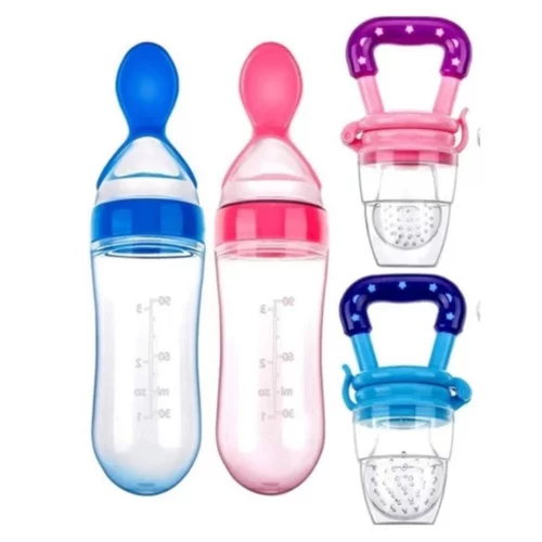 Kit Alimentação Chupeta Mordedor Porta Frutas e Mamadeira de Silicone com Colher Dosadora