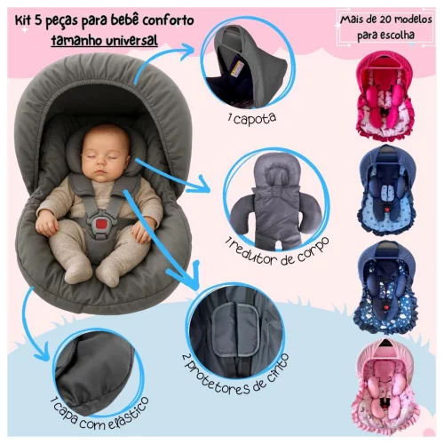 Kit bebê conforto 5 peças Capa acolchoada Capota Redutor de corpo protetor de cinto até 13 kg