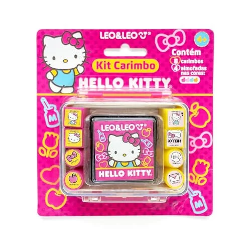 🤎 KIT CARIMBO HELLO KITTY - MALETA C/ 8 CARIMBOS + 1 ALMOFADA - LEO&LEO