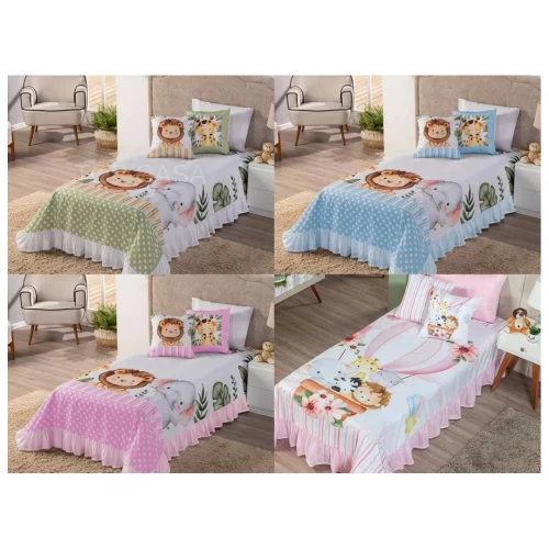Kit Cobre-Leito Infantil Solteiro 6 Peças –1,70x2,30 | Decoração e Conforto para Quarto/ Safari Baby