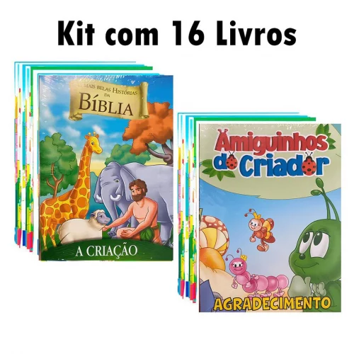 Kit com 16 livrinhos bíblicos - As Mais Belas Histórias da Bíblia + Amiguinhos do Criador