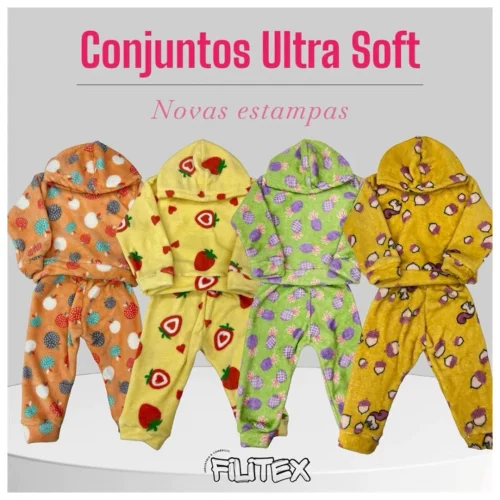 Kit COM 3 OU 5 conjuntos Bebê e Infantil de Fleece Premium Peluciado Ultrasoft Capuz Fem e Masc Inverno Pijama 1 ao 8