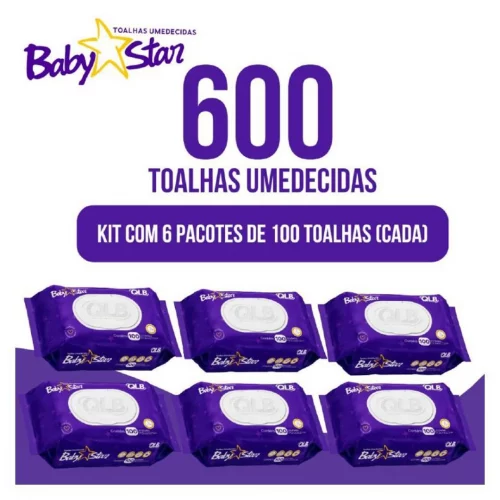 KIT COM 6 LENÇOS/TOALHAS UMEDECIDAS BABY STAR -ROXA C/100