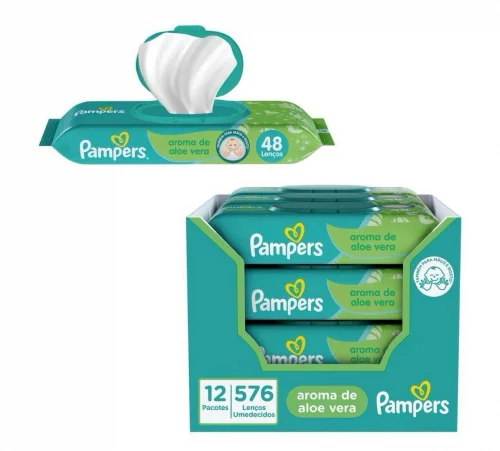 Kit Lenços Umedecidos Pampers Aroma de Aloe Vera 576 Unidades (12 pacotes com 48 un cada)
