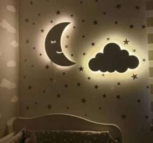 Kit Luminárias Lua e Nuvem com Led Decoração Celestial Luminosa para Quarto Infantil - COR azul bebe
