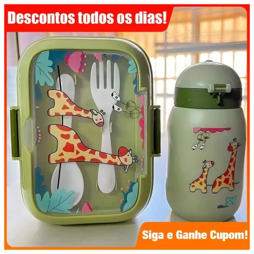 Kit Marmita Infantil com Talheres de Plástico e Garrafa de 400ml com Canudo Lancheira Escolar Creche