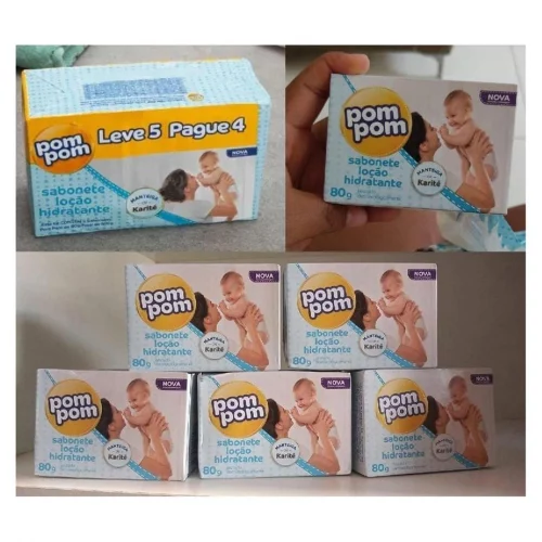Kit Sabonete em Barra Pom Pom Loção Hidratante com 5 unidades de 70g cada