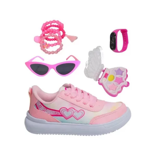 Kit Tênis Casual Rosa + Acessórios (Tam. 20 ao 34)