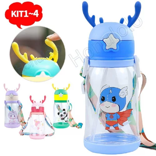 KIT1~KIT4 600ml Garrafa De Alce Água Infantil Criança Portátil Com Canudo Desenho Fantasia Para Meninas ou Meninos
