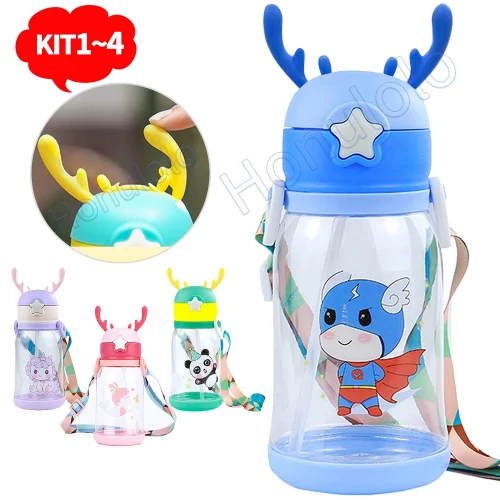 🛍️KIT1~KIT4 600ml Garrafa De Alce Água Infantil Criança Portátil Com Canudo Desenho Fantasia Para Meninas ou Meninos