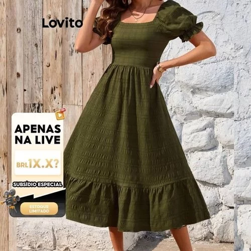 🧡(KOL‘s pick) Lovito Vestido Boho liso com bainha em camadas e mangas bufantes para mulheres LBL19072