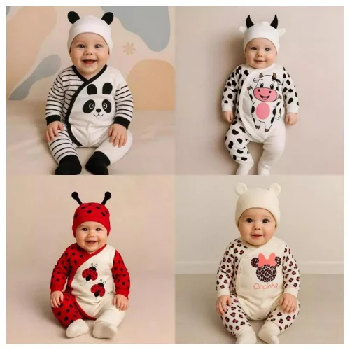 Macacão Bebê Bichinhos + Touca Kit 2 Peças Inverno manga longa