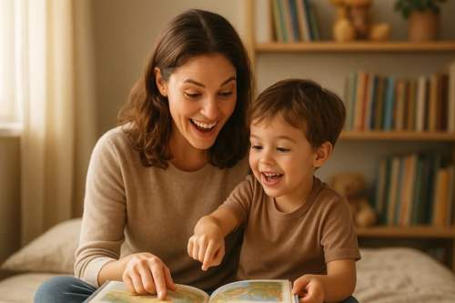 Mãe e filho pequeno lendo juntos em um quarto infantil aconchegante, com livros e brinquedos, destacando a importância da leitura na primeira infância.