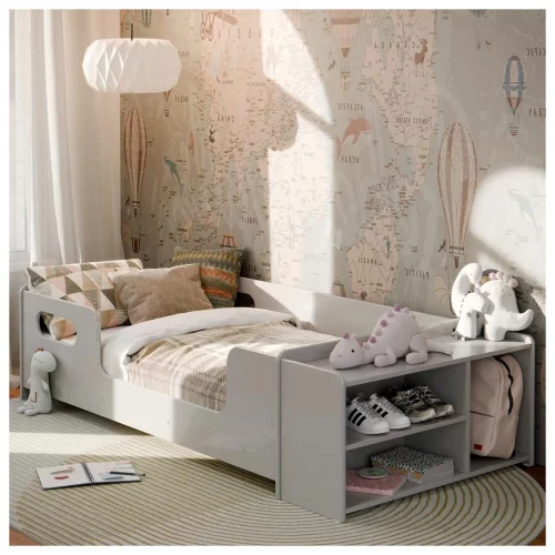 Mini Cama Infantil com Sapateira, Grade Lateral e Colchão (3 Cores)