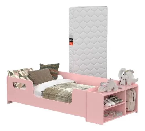 Mini Cama Infantil Com Sapateira, Grade Lateral E Colchão