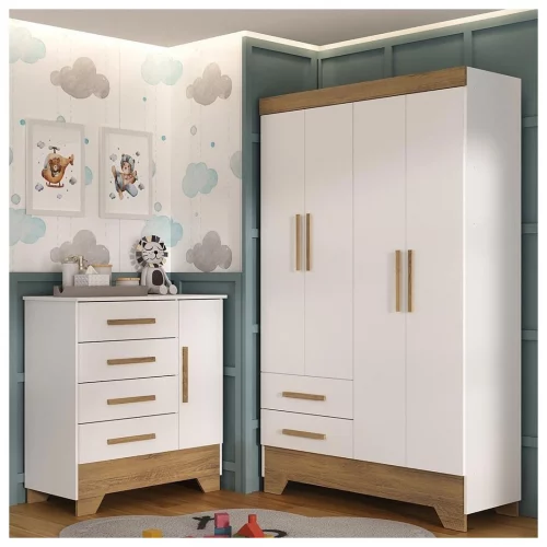 Quarto Infantil Completo Guarda Roupa 4 Portas 2 Gavetas com Cômoda Liz Espresso Móveis