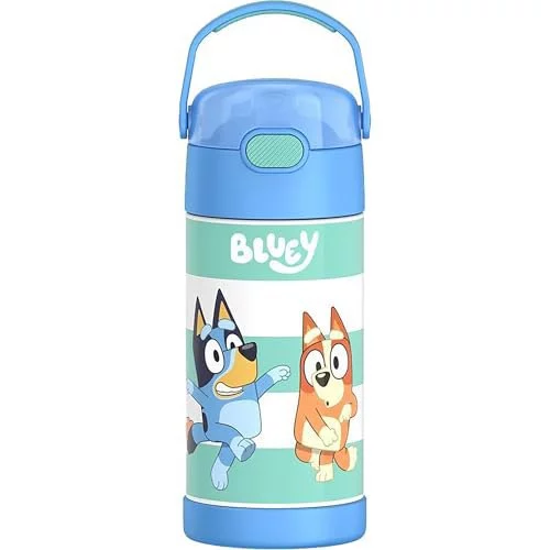 THERMOS FUNTAINER Garrafa de água com canudo - 340 g - Garrafa de água infantil isolada a vácuo de aço inoxidável com tampa, azul