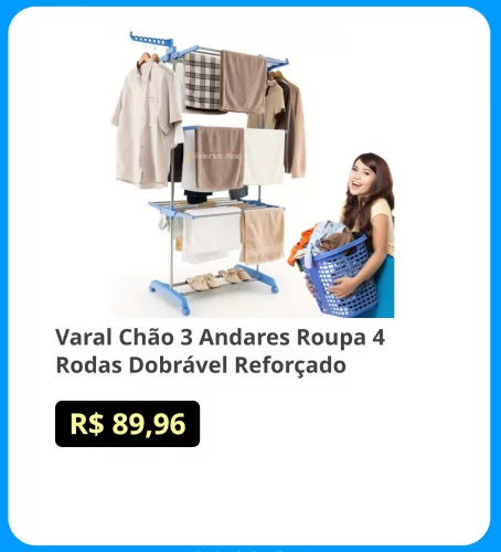 🛍Varal Chão 3 Andares Roupa 4 Rodas Dobrável Reforçado