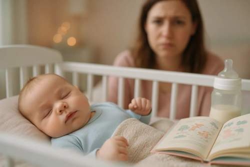 Bebê de 3 meses dormindo em berço com fundo desfocado, ilustrando a crise dos 3 meses que muitos pais não estão preparados para enfrentar.