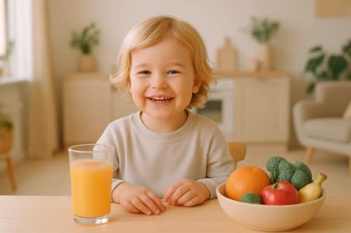 Fotografia de uma criança feliz e saudável sentada à mesa, com frutas e suco ao seu lado, em uma cena aconchegante e iluminada por tons pastéis. A imagem ilustra um checklist de nutrientes para fortalecer a imunidade infantil no inverno.