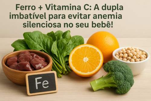 Bebê saudável e sorridente com um copo de suco de laranja e uma tigela de cereal rico em ferro, ilustrando a prevenção da anemia com ferro e vitamina C.