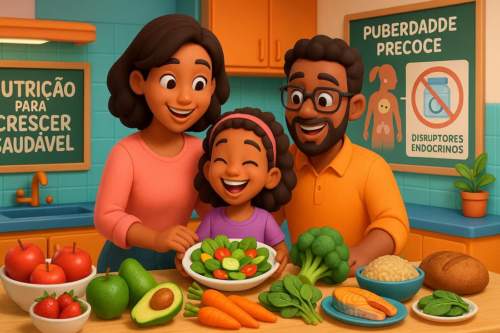 Close-up de uma balança de precisão mostrando alimentos ultraprocessados no prato de uma criança pesando mais que alimentos naturais no prato de um adulto, representando a influência da nutrição na puberdade precoce.