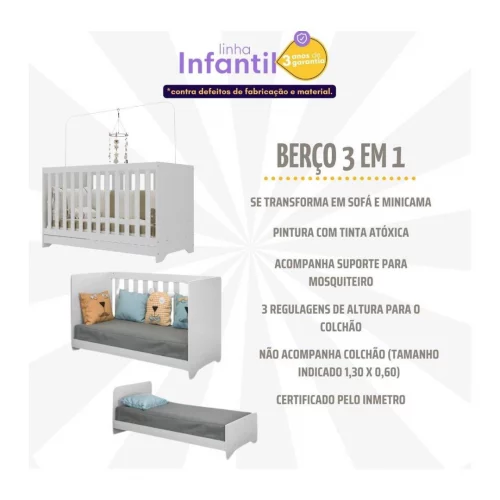 Berço Duda 3 Em 1 Para Colchão 130x60 Cm Multimóveis Branco