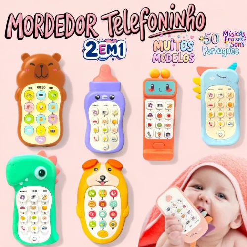 🛍️Brinquedo para Bebê Mordedor e Telefone Celular infantil Musical 2 em 1 Educativo Com Luz e Som