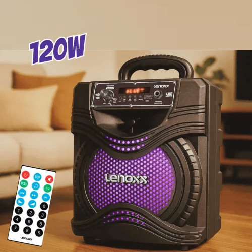 Caixa De Som Bluetooth Usb Portátil Sem Fio 120w Com Controle Led Rgb Função Tws Ca80a Lenoxx