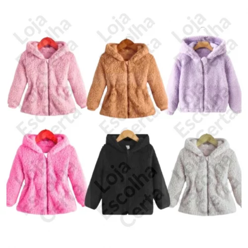 Casaco Teddy Infantil Menina Capuz Touca com Ziper Ted Tedy Forrado Quente Feminino Jaqueta Infantil