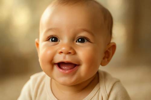 Close-up de um bebê feliz e saudável, iluminado por luz natural suave, com foco em sua expressão inteligente e curiosa. Imagem relacionada à colina e seu impacto no desenvolvimento cerebral infantil.