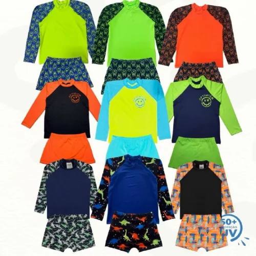 ￼Conjunto Infantil Juvenil Moda Praia Menino Camisa Manga Longa e Sunga com Proteção UV50+