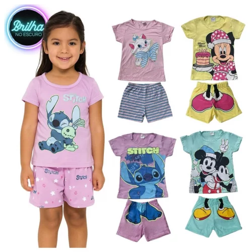 Conjunto Pijama Brilha no Escuro Personagens Menina Infantil