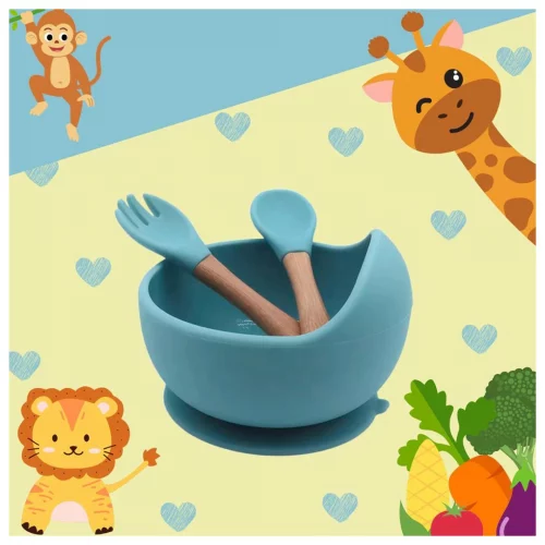 Conjunto Tigela Bowl Infantil de Silicone + talheres Colher Garfo silicone Cabo com bambu Para Bebe Criança