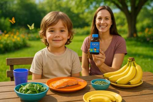 Uma criança sorridente sentada à mesa de piquenique em um jardim ensolarado, com uma mãe ao fundo segurando um frasco de Focus Kids, uma vitamina para criança agitada. A mesa tem alimentos saudáveis como espinafre, salmão, bananas e sementes de abóbora, promovendo saúde e concentração infantil.