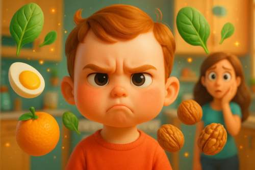 Close-up de criança com expressão pensativa segurando um alimento nutritivo colorido, ilustrando a conexão entre mau humor infantil e nutrição.