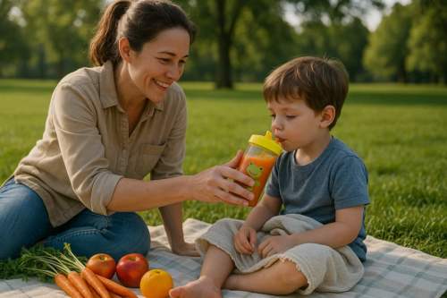 Mãe ajudando criança a se recuperar de virose com suco nutritivo em uma cozinha iluminada por luz natural.