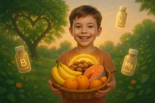 Uma criança sorridente segurando uma cesta de frutas e alimentos nutritivos, como bananas, laranjas, castanhas e salmão, com frascos de vitaminas B e magnésio flutuando ao redor em um jardim com uma árvore em forma de coração ao fundo, simbolizando saúde emocional e confiança infantil.