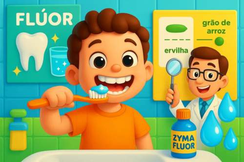 Mãe escovando os dentes do filho pequeno com pasta de flúor, ilustrando os cuidados reais com a saúde bucal infantil.
