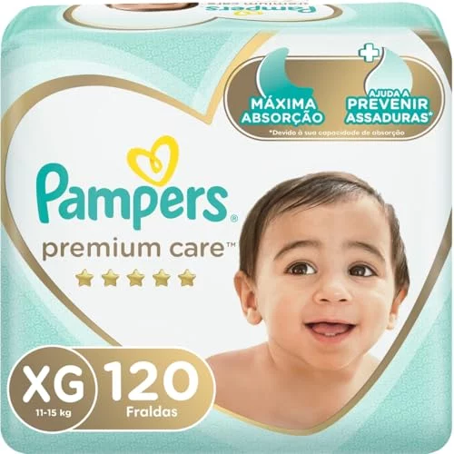 Fralda Descartável Pampers Premium Care – Tamanho XG, 120 Unidades – Proteção Suave com ajuste flexível e respirável, Ajuda a Prevenir Assaduras em se...