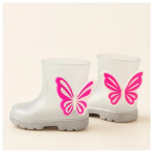 Galocha Infantil Borboleta Transparente com Glitter Rosa Antiderrapante e Confortável