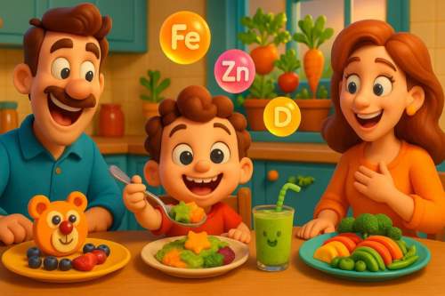 Fotografia realista de alimentos nutritivos e coloridos organizados, representando dicas práticas do guia definitivo para lidar com a seletividade alimentar.