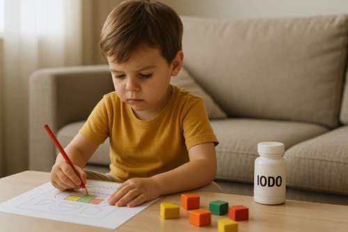 Fotografia realista de uma criança em um ambiente aconchegante, brincando. Um detalhe sutil sugere a importância do iodo para o desenvolvimento saudável da tireoide infantil.