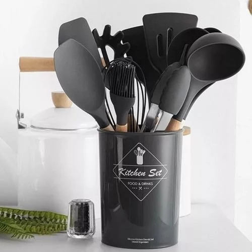 🧡Jogo de Cozinha Kit C/12 Peças de Silicone, Utensílios e Copo Suporte para Cozinha Cabo de Madeira