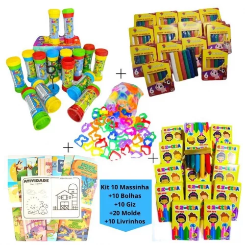 Kit 10 Cx Massinha de Modelar + 10 Bolha Sabão+ 10 Cx Giz Cera +20 Molde + 10 Livrinhos Colorir Lembrancinha Infantil