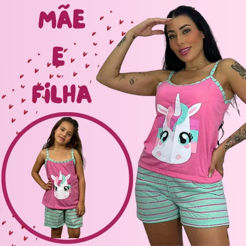KIT 2 Baby Doll Mãe e Filha Unicornio Malha Confort Pijama Short Doll Verão